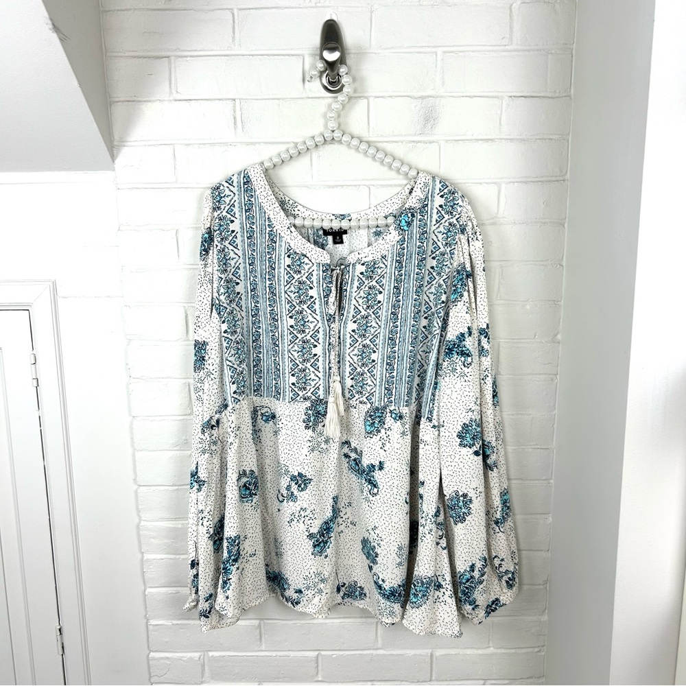 Torrid Blue Cream Floral Boho Patterned Peasant Top Size 3X
